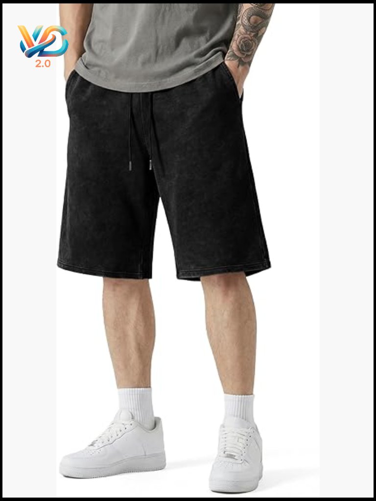 Men's Baggy Sweat Shorts Retro Acid Washed Cotton Relaxed Fit Drawstring Gym